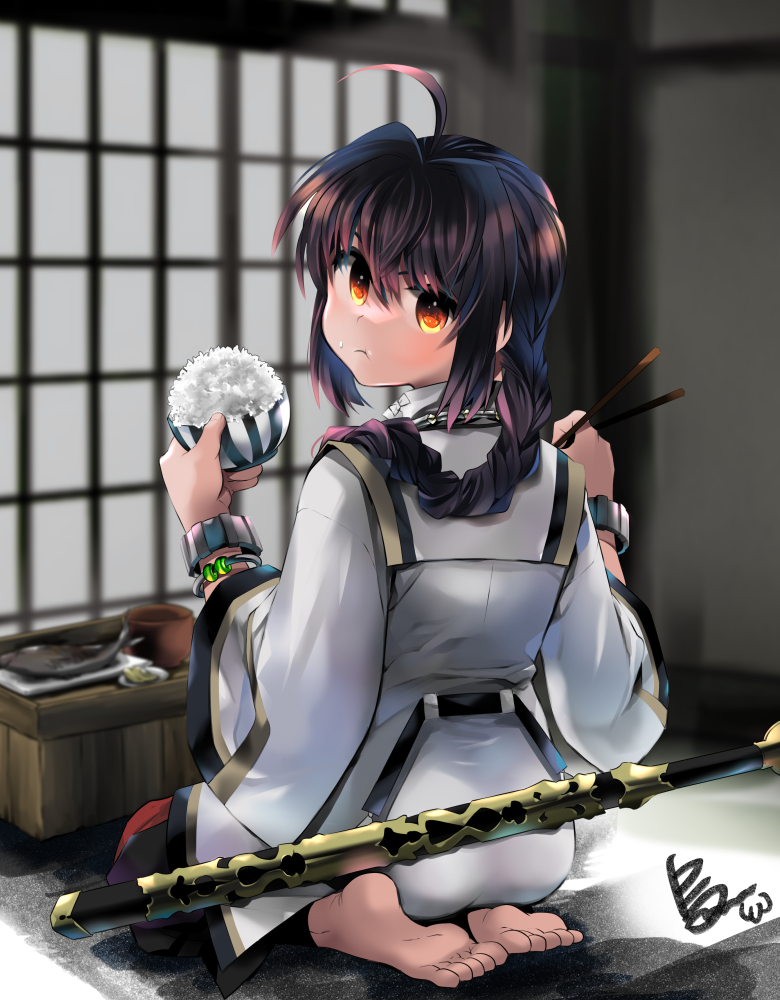1boy, :t, ahoge, ass, back, backlighting, barefoot, black_pants, blurry, bowl, bracelet, braid, braided_ponytail, chopsticks, closed_mouth, commentary_request, depth_of_field, eating, fate/samurai_remnant, fate_(series), feet, fish_(food), food, food_on_face, fried_fish, from_behind, genderswap, genderswap_(otm), hair_between_eyes, hair_intakes, hair_over_shoulder, hakama, hakama_pants, hands_up, holding, holding_chopsticks, indoors, japanese_clothes, jewelry, karasuma_pink, long_hair, long_sleeves, looking_at_viewer, looking_back, male_focus, necklace, orange_eyes, pants, plate, purple_hair, rice, rice_bowl, rice_on_face, saber_(fate/samurai_remnant), seiza, shouji, sidelocks, signature, single_braid, sitting, sliding_doors, soles, solo, weapon, weapon_on_back, wide_sleeves