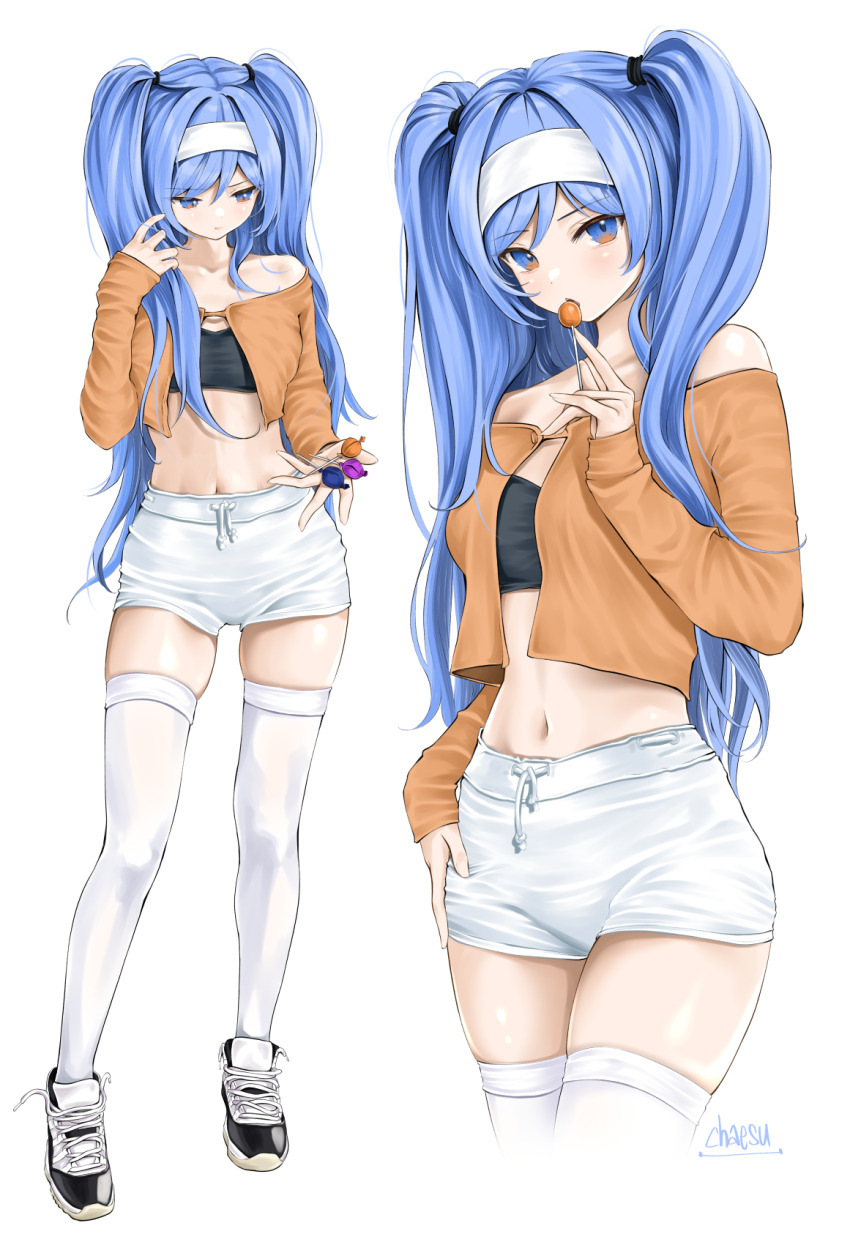 1girl, air_jordan, air_jordan_11, blue_hair, candy, chaesu, food, full_body
