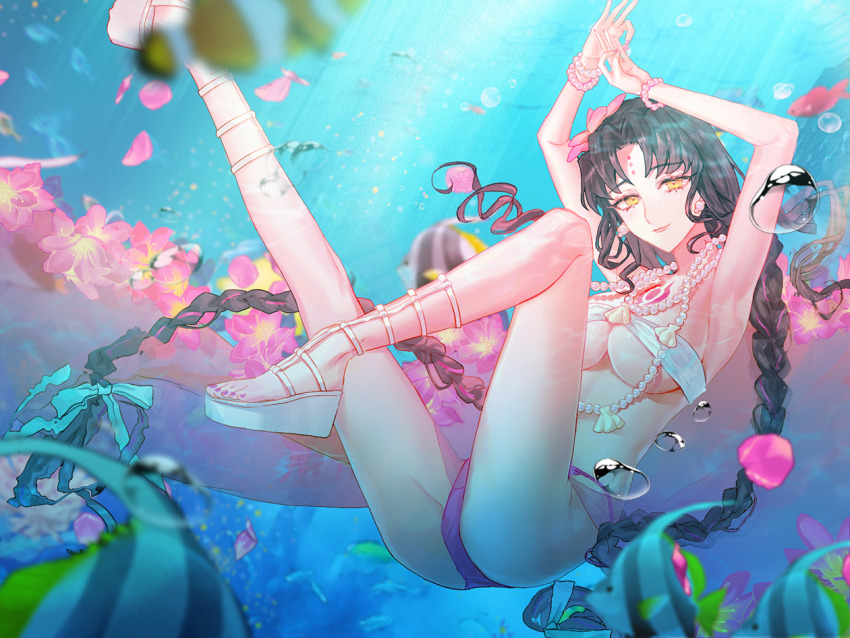 1girl, air_bubble, arms_up, bamcream, bikini, black_hair, bracelet, braid, breasts, bubble, chest_tattoo, closed_mouth, commentary, earrings, facial_mark, fate/grand_order, fate_(series), fingernails, fish, flower, foot_out_of_frame, forehead_mark, hair_flower, hair_ornament, hair_ribbon, jewelry, large_breasts, leg_up, long_hair, looking_at_viewer, mudra, multicolored_hair, nail_polish, necklace, panties, pantyshot, parted_bangs, pearl_bracelet, pearl_earrings, pearl_necklace, petals, pink_flower, pink_hair, pink_nails, pink_panties, pink_sarong, platform_footwear, platform_heels, platform_sandals, ribbon, sandals, sarong, seashell, sessyoin_kiara, sessyoin_kiara_(swimsuit_mooncancer)_(first_ascension), shell, shell_necklace, smile, solo, streaked_hair, swimsuit, tattoo, toenail_polish, toenails, twin_braids, underboob, underwater, underwear, very_long_hair, vitarka_mudra, water, white_bikini, white_ribbon, white_sandals, yellow_eyes