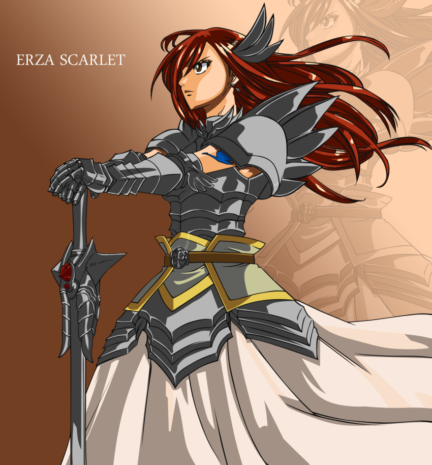 1girl, armor, armored_dress, belt, derivative_work, dress, erza_scarlet, fairy_tail, female_focus, gauntlets, hair_over_one_eye, highres, ko->u, long_hair, red_hair, solo, sonic12399, sword, vector_trace, weapon, zoom_layer