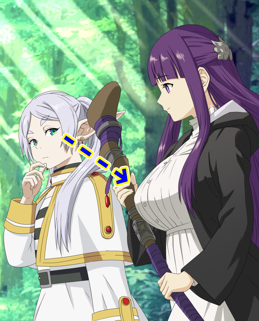 2girls, absurdres, black_coat, breast_envy, breasts, butterfly_hair_ornament, capelet, cheenosuke