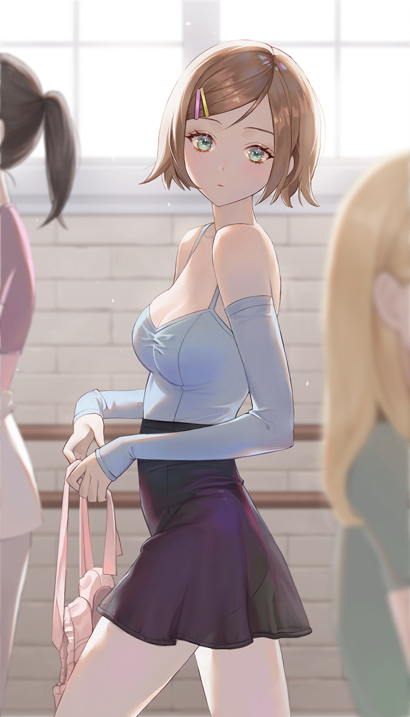 3girls, athletic_leotard, ballerina, ballet_class_clothes, ballet_slippers, bare_shoulders, barre, black_hair, black_skirt, blonde_hair, blue_eyes, blue_leotard, blue_sleeves, breasts, brick_wall, brown_hair, cleavage, closed_mouth, commentary, cowboy_shot, detached_sleeves, expressionless, from_side, hair_ornament, hairclip, high-waist_skirt, highres, holding, indoors, large_breasts, leotard, light_blush, looking_at_viewer, multiple_girls, original, oto1_030, pantyhose, parted_bangs, ponytail, see-through_clothes, see-through_skirt, short_hair, short_ponytail, skirt, sleeves_past_fingers, sleeves_past_wrists, solo_focus, untranslatable_commentary, turning_head, white_pantyhose, window