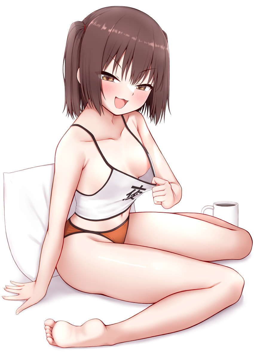 1girl, absurdres, barefoot, breasts, brown_eyes, brown_hair, camisole, camisole_lift, cleavage, clothes_lift, clothes_writing, crop_top, cup, feet, highres, kantai_collection, legs, mug, night_battle_idiot, open_mouth, orange_panties, panties, pillow, sendai_(kancolle), shirt_tug, short_hair, simple_background, sitting, small_breasts, smile, soles, solo, spaghetti_strap, tiemu_(man190), toes, two_side_up, underwear, wariza, white_background, white_camisole