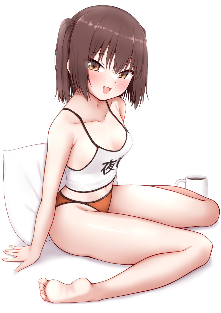 1girl, absurdres, barefoot, breasts, brown_eyes, brown_hair, camisole, clothes_writing