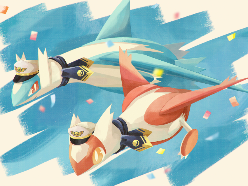 black_scarf, bright_pupils, claws, closed_mouth, clothed_pokemon, commentary_request, confetti, day