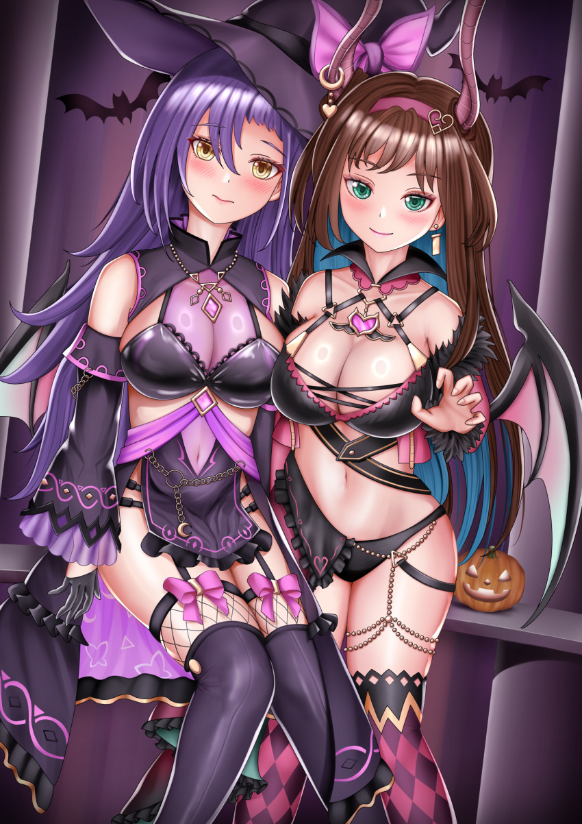 2girls, aqua_hair, argyle_clothes, argyle_legwear, argyle_thighhighs, arms_at_sides, assault_lily, asymmetrical_bangs