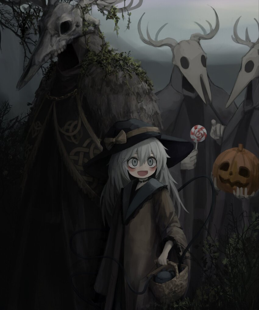 1girl, animal_skull, basket, black_headwear, blush, bow, candy, collared_shirt