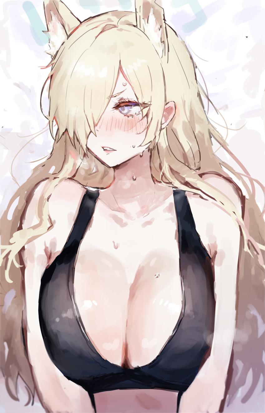 1girl, absurdres, alternate_costume, animal_ears, asymmetrical_bangs, black_bra, blonde_hair, blue_archive