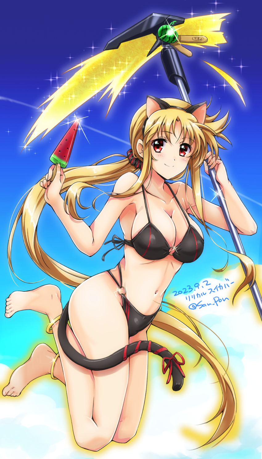 1girl, animal_ears, bardiche_(haken_form)_(nanoha), bardiche_(nanoha), blonde_hair, cat_ears, fate_testarossa, highres, lyrical_nanoha, mahou_shoujo_lyrical_nanoha, outdoors, ponytail, red_eyes, san-pon, smile, solo, swimsuit