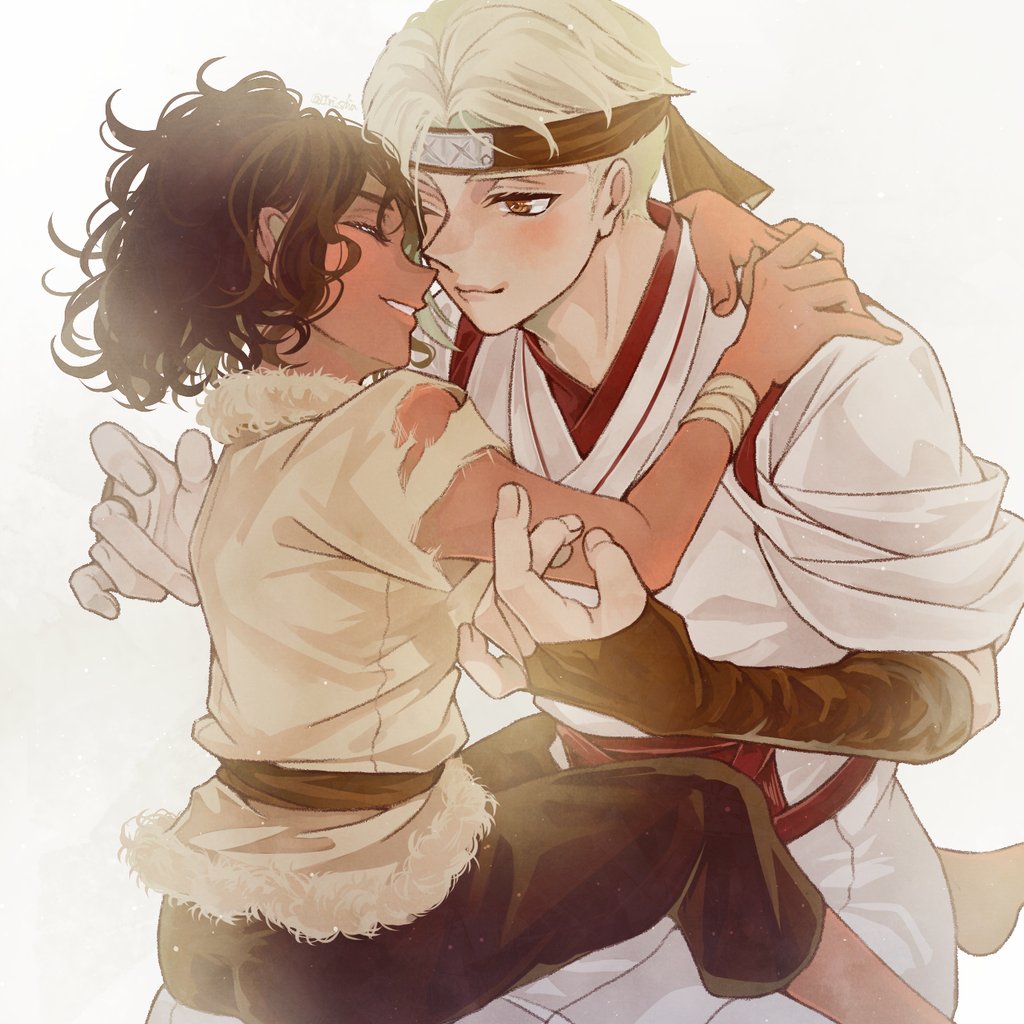 1boy, 1girl, black_bridal_gauntlets, black_pants, bridal_gauntlets, brown_eyes, brown_hair, closed_eyes