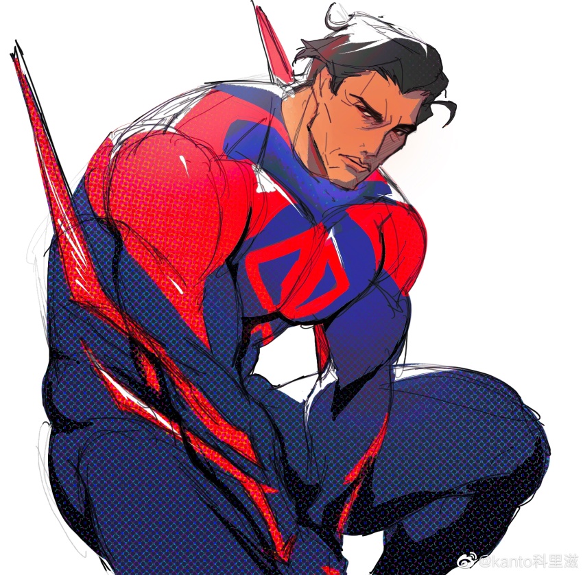 1boy, absurdres, arm_blade, bara, blue_bodysuit, bodysuit, brown_hair, dark-skinned_male