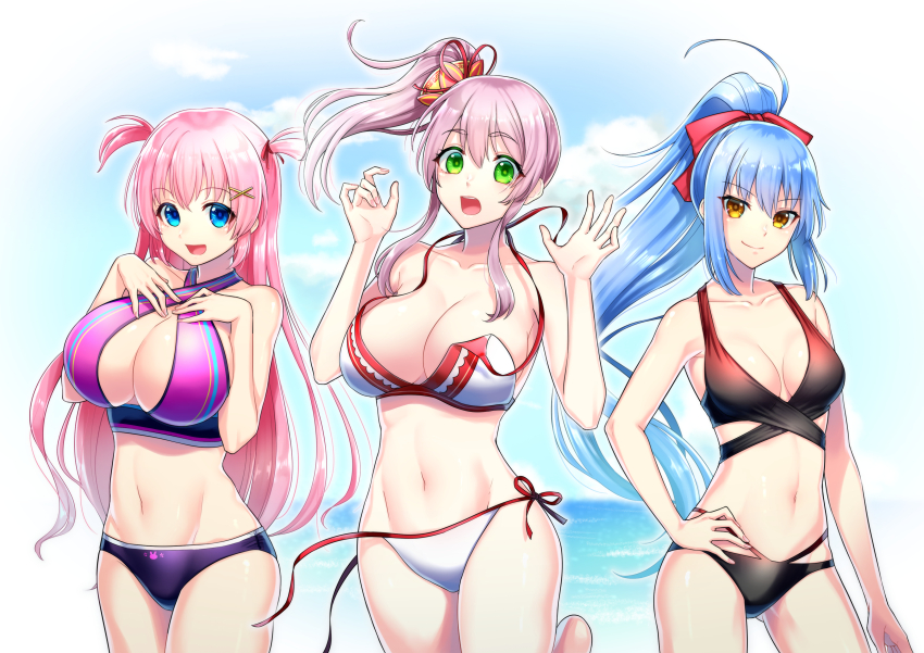 3girls, absurdres, ahoge, battle_maiden_navi, beach, bikini, black_bikini, blue_eyes