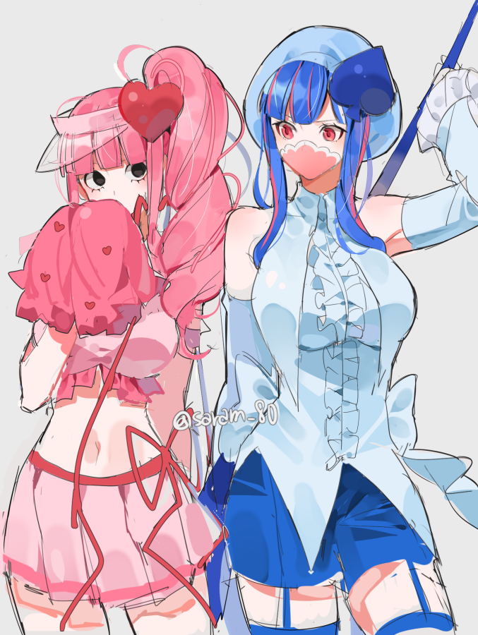 2girls, amulet_heart, amulet_spade, bad_id, bad_twitter_id, bare_shoulders, black_eyes, blue_hair