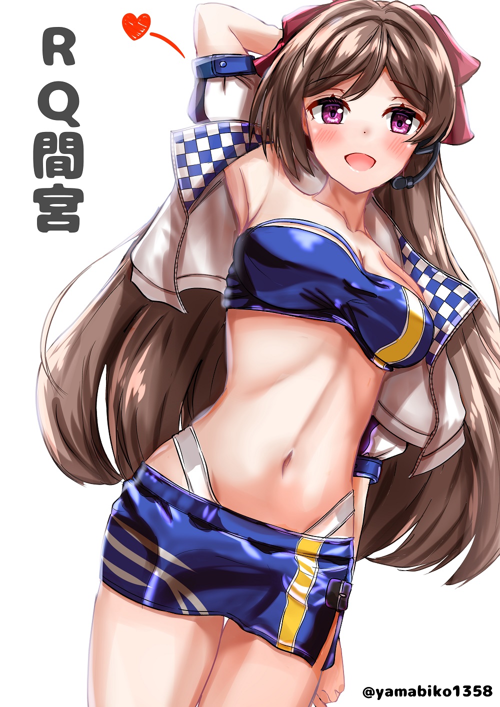 1girl, bandeau, blue_bandeau, blue_skirt, blue_tube_top, brown_eyes, brown_hair, character_name