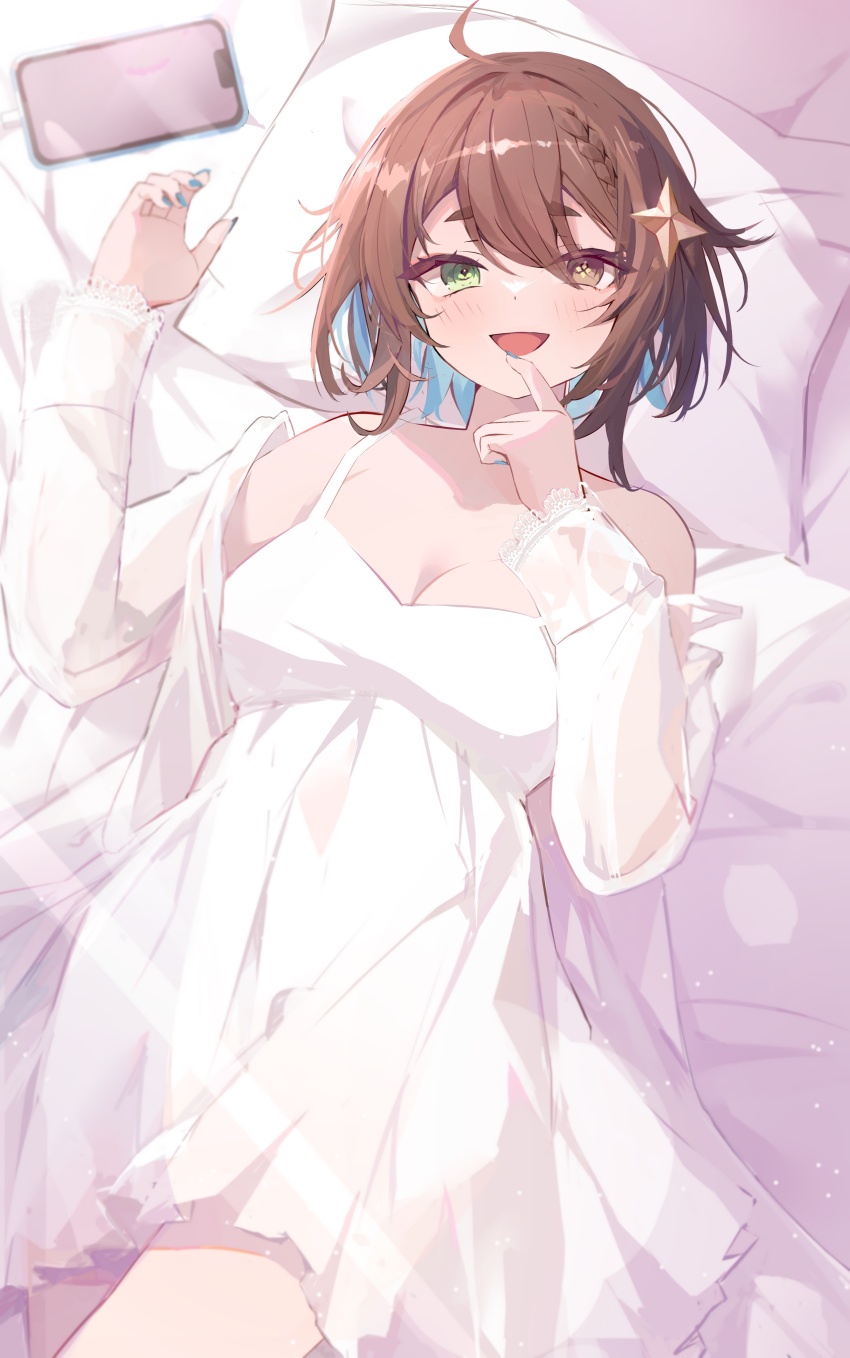 1girl, :d, absurdres, ahoge, alternate_costume, bed_sheet, blue_hair, blue_nails