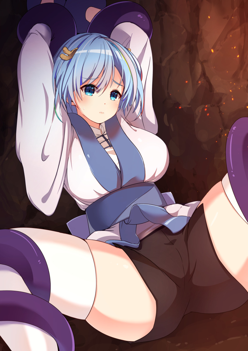 1girl, bike_shorts, black_shorts, blue_eyes, blue_hair, breasts, closed_mouth, dot_nose, eari, highres, hisame_(karekore), konketsu_no_karekore, large_breasts, light_blue_hair, looking_ahead, multicolored_hair, raised_eyebrows, restrained, shirt, short_hair, shorts, sitting, small_horns, solo, streaked_hair, tentacles, thighhighs, two-tone_hair, white_hair, white_shirt, white_thighhighs