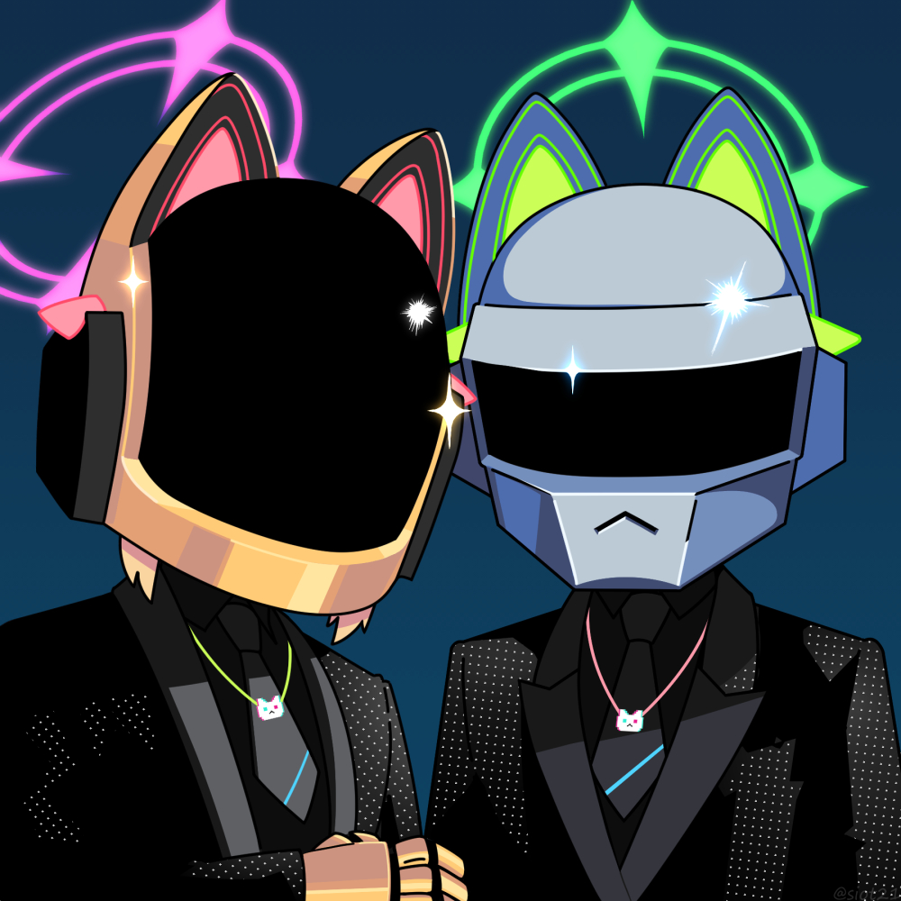 2girls, adapted_costume, animal_ear_headphones, animal_ears, blue_archive, blue_background, cat-shaped_neckwear, cat_ear_headphones, cat_ears, collared_shirt, cosplay, daft_punk, fake_animal_ears, formal_clothes, green_halo, guy-manuel_de_homem-christo, guy-manuel_de_homem-christo_(cosplay), halo, headphones, helmet, jacket, jewelry, mechanical_arms, midori_(blue_archive), mildtaste, momoi_(blue_archive), multiple_girls, necklace, necktie, opaque_helmet, parody, pendant, pink_halo, sequins, shirt, siblings, simple_background, sisters, suit, suit_jacket, thomas_bangalter, thomas_bangalter_(cosplay), twins