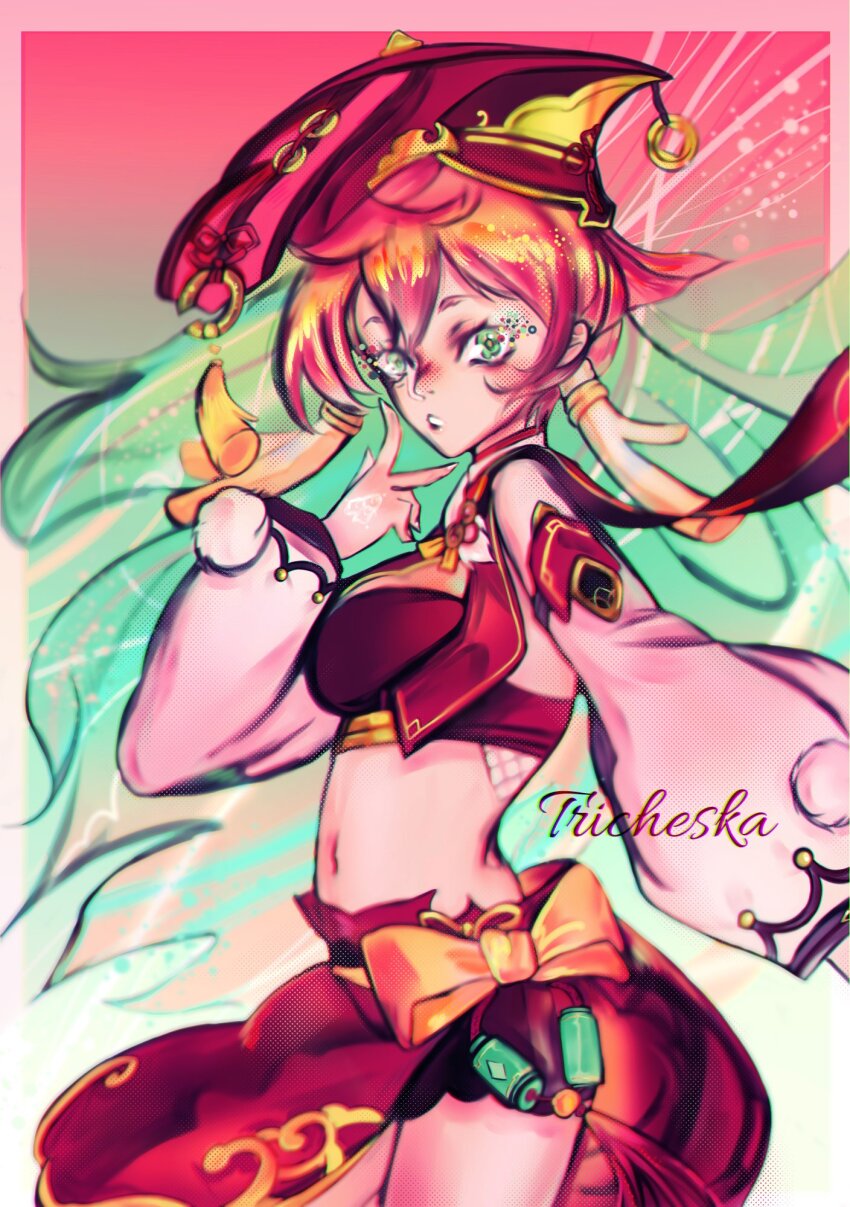 1girl, antlers, bare_shoulders, breasts, cleavage, coin_hair_ornament, genshin_impact, green_eyes