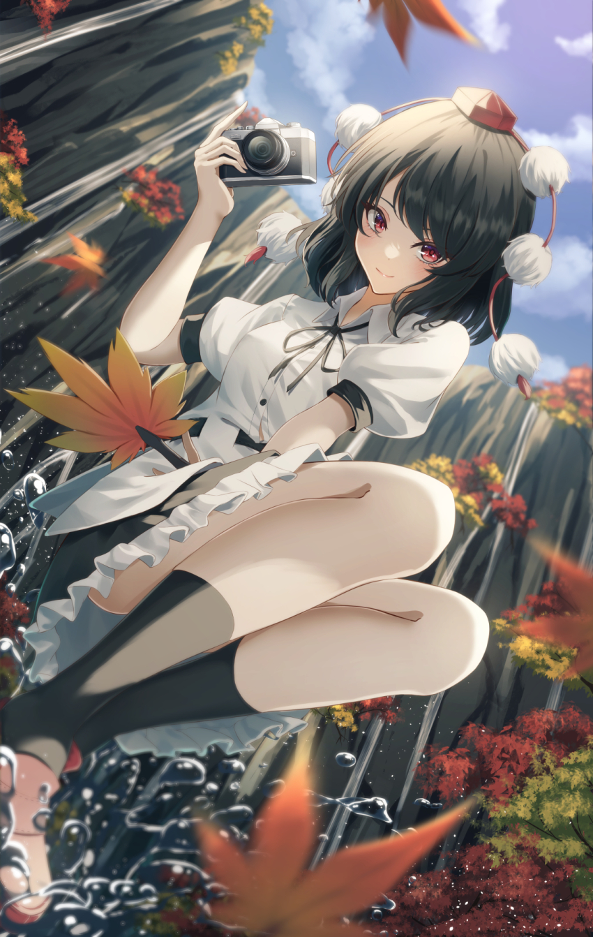1girl, autumn_leaves, black_hair, black_skirt, black_socks, camera, cloud, cloudy_sky