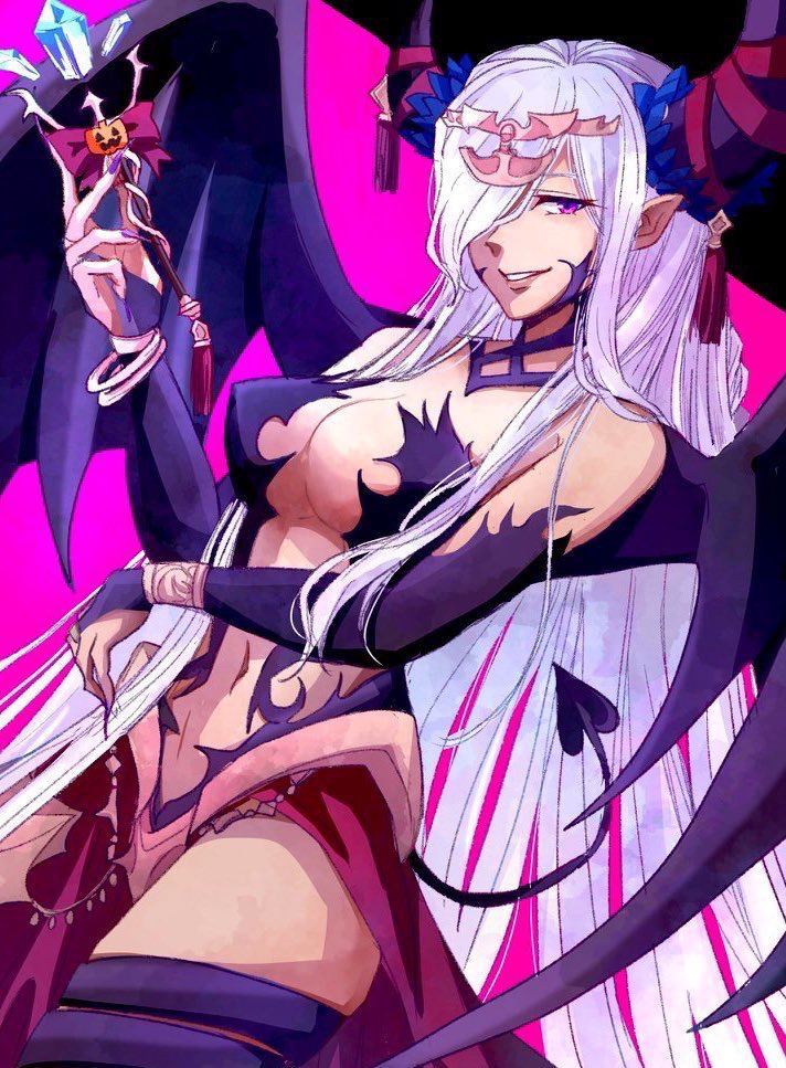 1girl, asymmetrical_horns, bare_shoulders, bat_wings, breasts, bridal_gauntlets, cleavage, cowboy_shot