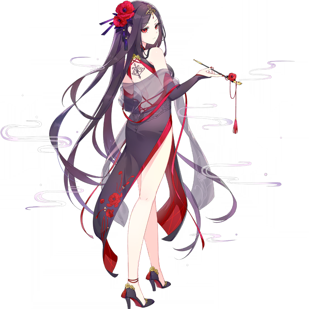 1girl, backless_dress, backless_outfit, bare_legs, bare_shoulders, black_dress, black_hair, breasts, china_dress, chinese_clothes, dress, elbow_gloves, floral_print, flower, forehead_jewel, from_behind, full_body, gloves, hair_flower, hair_ornament, high_heels, holding, holding_smoking_pipe, honkai_(series), honkai_gakuen, jyahnar_(honkai_gakuen), long_hair, looking_at_viewer, medium_breasts, official_art, red_dress, red_eyes, red_flower, smoking_pipe, solo, third-party_source, transparent_background