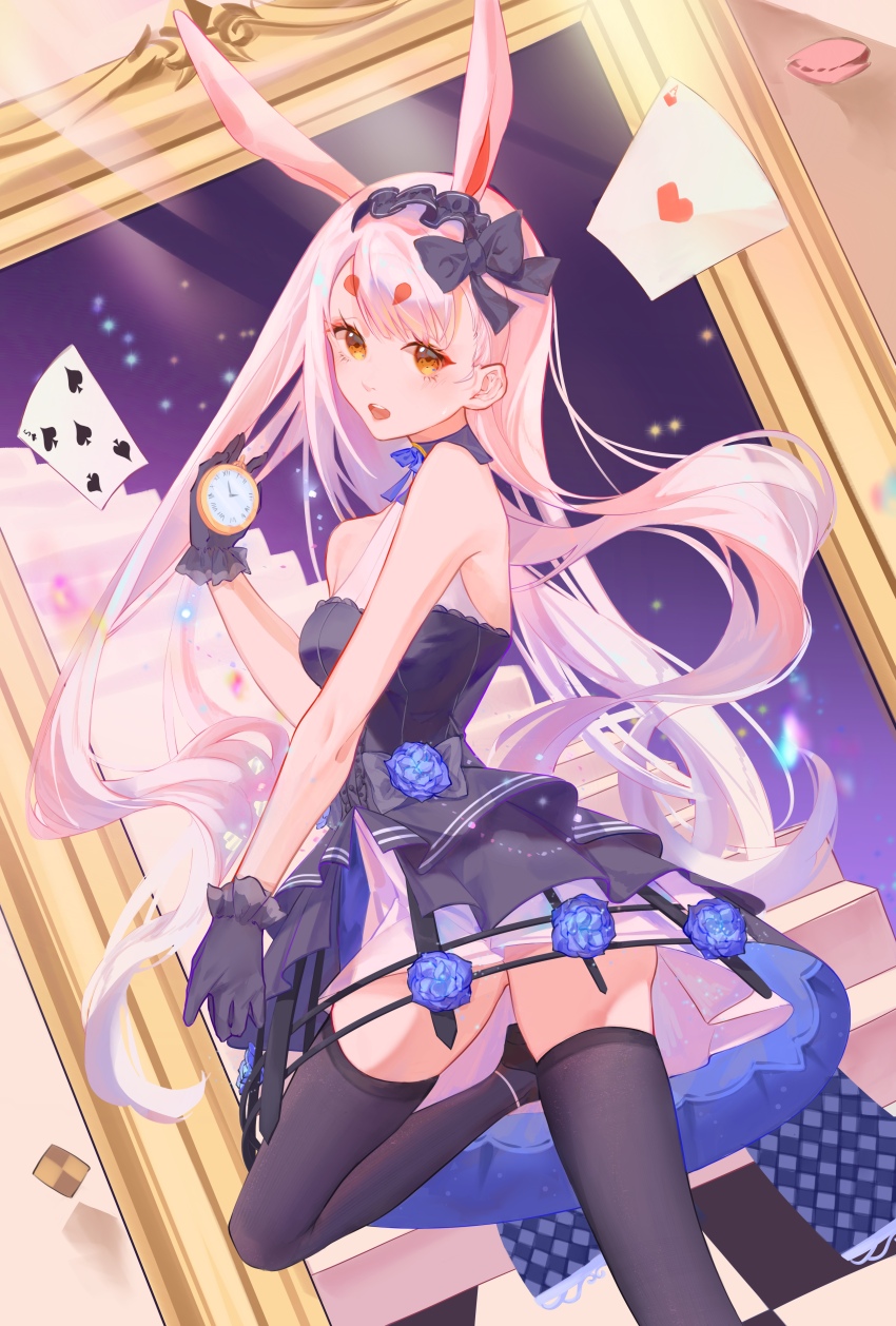 1girl, absurdres, ace_(playing_card), ace_of_hearts, animal_ears, azur_lane, black_footwear, blue_flower