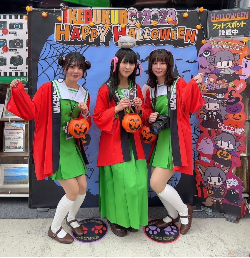 2023, 3girls, bird, black_hair, camekan-tan, chignon, closed_mouth, english_text