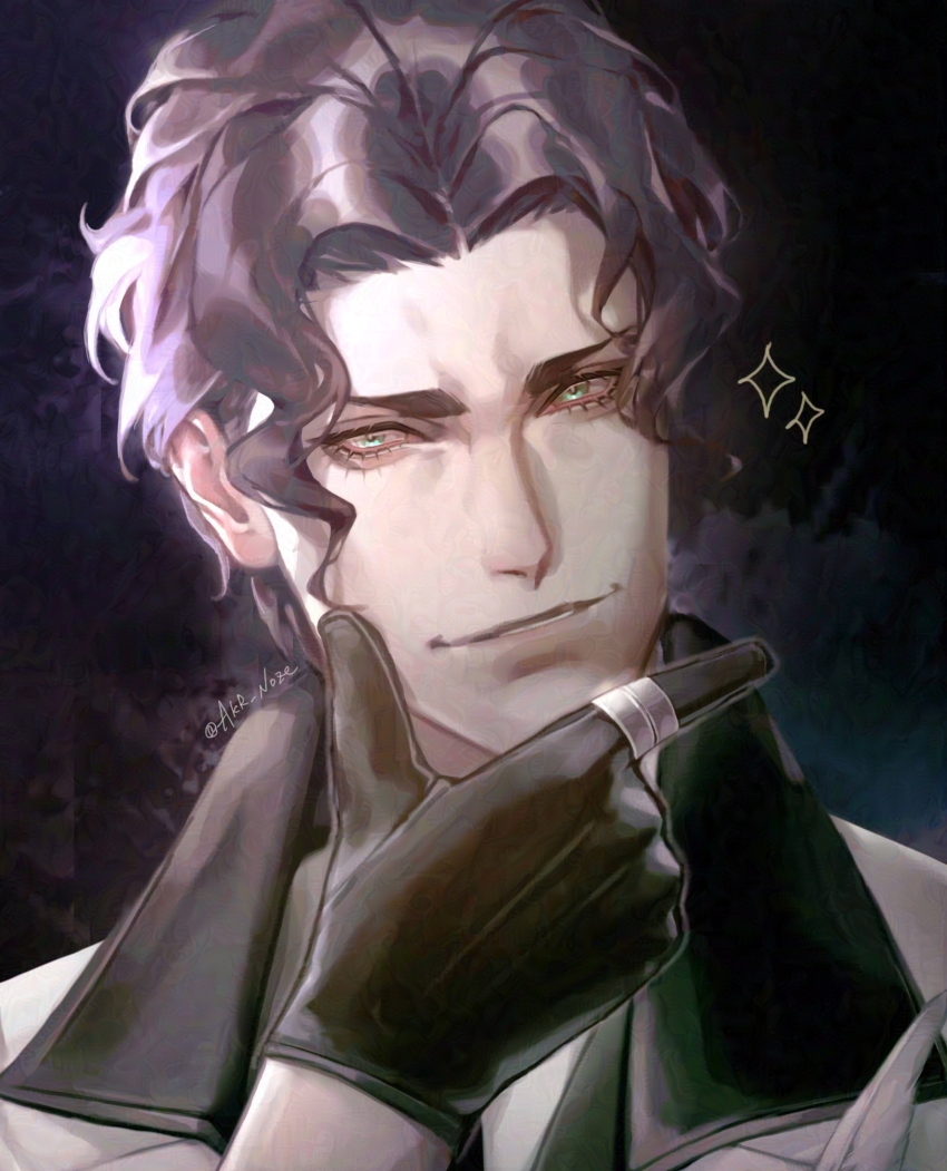 1boy, absurdres, akr_noze, black_gloves, brown_hair, commentary, gloves, green_eyes, highres, jacket, jewelry, looking_at_viewer, male_focus, nikola_tesla_(shuumatsu_no_valkyrie), portrait, ring, scientist, short_hair, shuumatsu_no_valkyrie, sparkle, untranslatable_commentary, twitter_username, upper_body