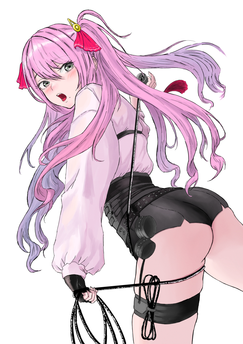 1girl, :o, absurdres, ass, belt, black_belt, black_gloves, black_shorts, blush, fingerless_gloves, from_behind, gloves, goddess_of_victory:_nikke, grey_eyes, hair_ribbon, high-waist_shorts, highres, holding, holding_whip, long_hair, mole, mole_under_mouth, open_mouth, pink_hair, pink_ribbon, ramuneogura, ribbon, shirt, shirt_tucked_in, shorts, sidelocks, simple_background, single_glove, skindentation, solo, thigh_strap, twintails, white_background, white_shirt, yuni_(nikke)