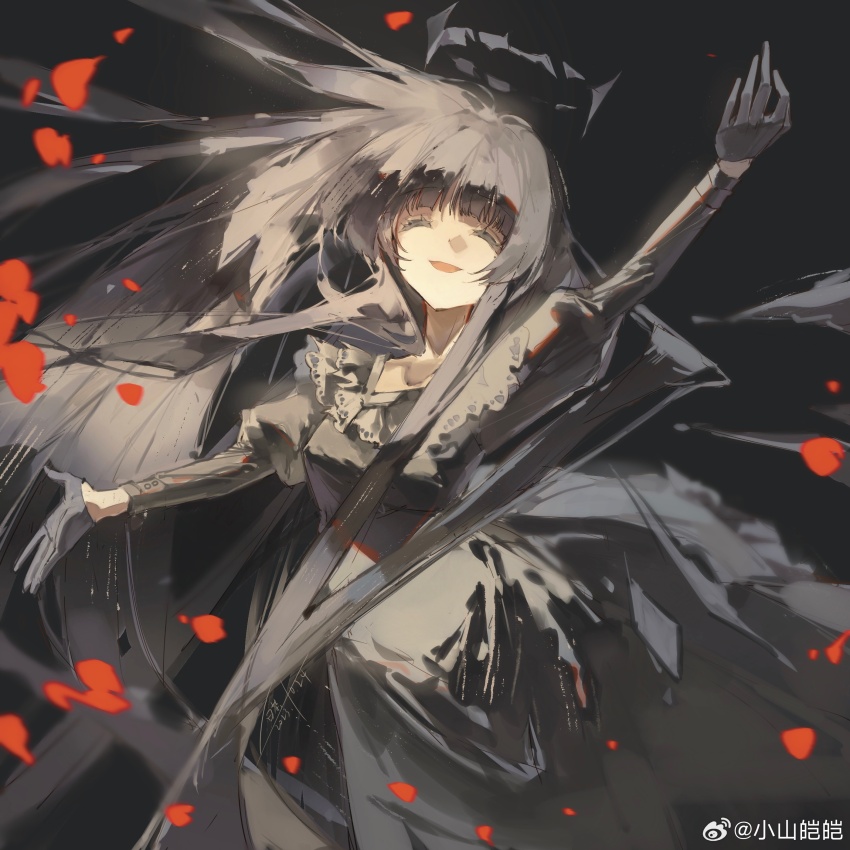 1girl, absurdres, arknights, arm_up, artist_name, black_background, black_dress, black_gloves