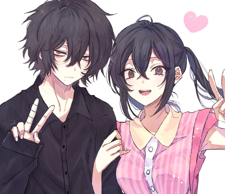 1boy, 1girl, :d, aged_up, anoko_(darenokoanoko), bandaged_fingers, bandages, black_eyes