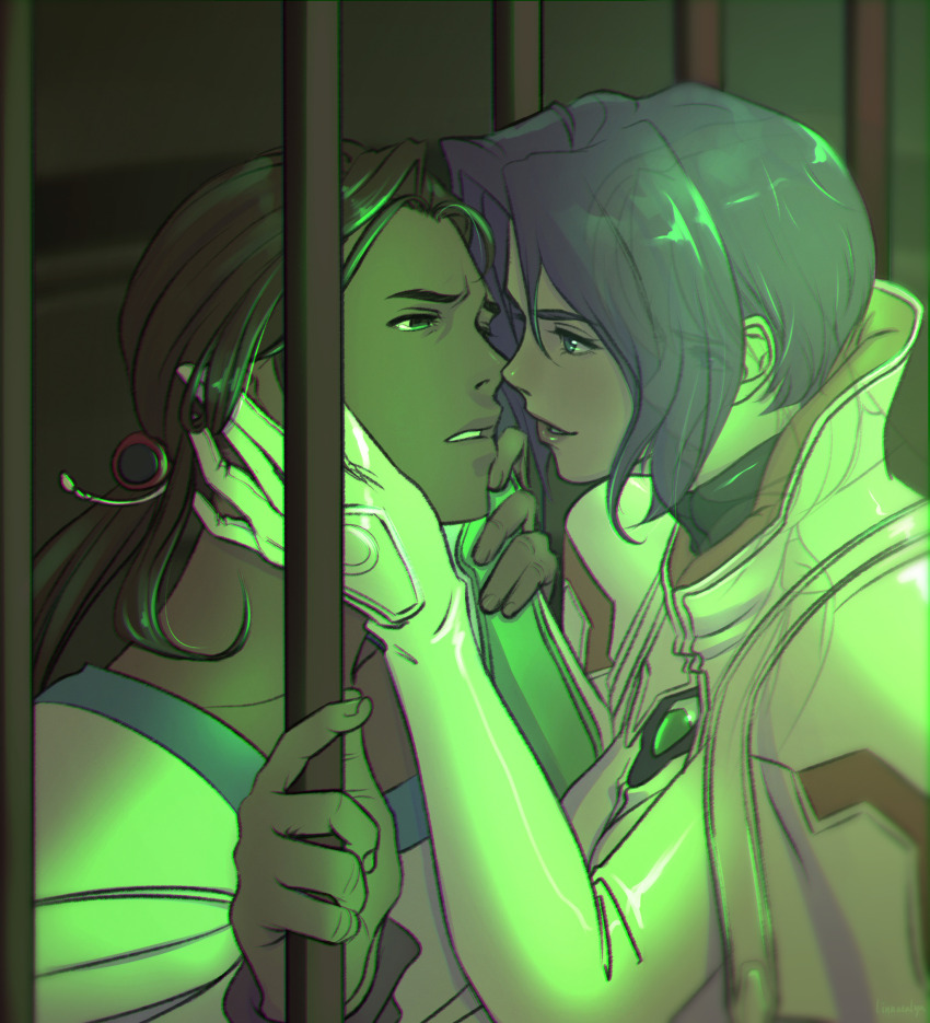 1boy, 1girl, bars, cheating_(relationship), dark_skin, fei_fong_wong, green_light, highres