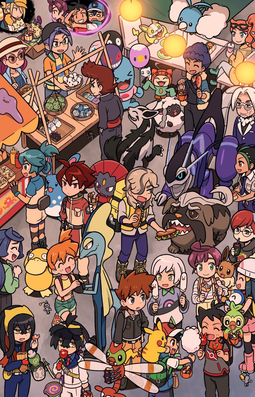 >_<, 6+boys, 6+girls, :3, :t, ^_^, absurdres, arven_(pokemon), ash_ketchum, asymmetrical_hair, azumarill, backpack, backwards_hat, bag, balloon, baseball_cap, basket, black_hair, blonde_hair, blue_eyes, blue_hair, blush, brown_hair, candy, candy_apple, carmine_(pokemon), chair, chloe_(pokemon), chocolate-covered_food, chocolate_banana, chrysa_(pokemon), clavell_(pokemon), closed_eyes, clothed_pokemon, coin, commentary, cookie, cotton_candy, crepe, crossed_legs, cup, danika_(pokemon), dawn_(pokemon), denim, denim_shorts, ditto, drinking, drinking_straw, eating, eevee, fanny_pack, fidough, food, food_on_face, food_stand, gary_oak, gen_1_pokemon, gen_2_pokemon, gen_3_pokemon, gen_4_pokemon, gen_8_pokemon, gimmighoul, gimmighoul_(roaming), glasses, gloves, goh_(pokemon), green_eyes, grey_eyes, grookey, gym_leader, hair_over_one_eye, hair_tie, hands_in_pockets, hat, highres, hodge_(pokemon), holding, holding_balloon, holding_basket, holding_candy_apple, holding_coin, holding_cotton_candy, holding_crepe, holding_cup, holding_food, hop_(pokemon), horace_(pokemon), inteleon, jacket, james_(pokemon), jessie_(pokemon), kieran_(pokemon), lantern, legendary_pokemon, lollipop, long_hair, low_ponytail, mabosstiff, macaron, meowth, mew_(pokemon), mightyena, miraidon, misty_(pokemon), morpeko, morpeko_(full), multicolored_hair, multiple_boys, multiple_girls, mythical_pokemon, nemona_(pokemon), nintendo, on_chair, on_shoulder, open_clothes, open_jacket, open_mouth, orange_hair, penny_(pokemon), pikachu, pink_hair, piplup, poke_ball_print, pokemon, pokemon_(anime), pokemon_(creature), pokemon_journeys, pokemon_legends:_arceus, pokemon_on_shoulder, pokemon_scarlet_and_violet, poltchageist, pompadour, ponytail, psyduck, quillon_(pokemon), rotom, rotom_phone, sandwich, school_uniform, shirt, short_hair, shorts, shuan_0420, side_ponytail, single_glove, smile, sonia_(pokemon), sunglasses, swablu, sweatdrop, swirl_lollipop, takoyaki, tank_top, thighhighs, togepi, two-tone_hair, uva_academy_school_uniform, very_long_sleeves, volo_(pokemon), weavile, white_hair, wobbuffet, wooloo, wrapped_candy, yakisoba, yamper, yanma, yellow_eyes, yellow_shirt