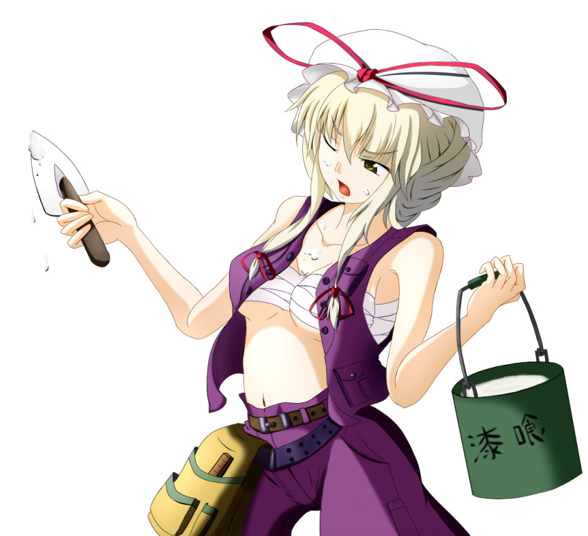 1girl, alternate_costume, bad_id, bad_pixiv_id, belt, blonde_hair, bucket, female_focus