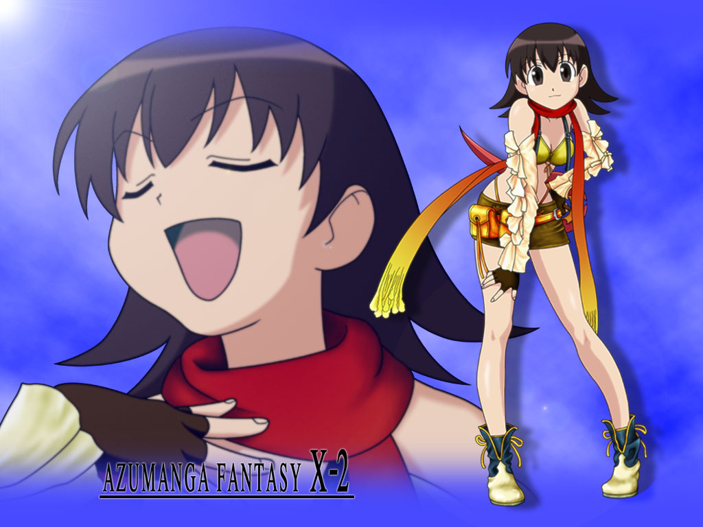 1girl, azufan, azumanga_daiou, bikini, bikini_top_only, black_eyes, black_hair, bow, closed_eyes, cosplay, detached_sleeves, female_focus, final_fantasy, final_fantasy_x, final_fantasy_x-2, fingerless_gloves, flipped_hair, gloves, knife, niinii, open_mouth, parody, rikku_(ff10), rikku_(ff10)_(cosplay), scarf, short_shorts, shorts, solo, swimsuit, takino_tomo, trait_connection, zoom_layer