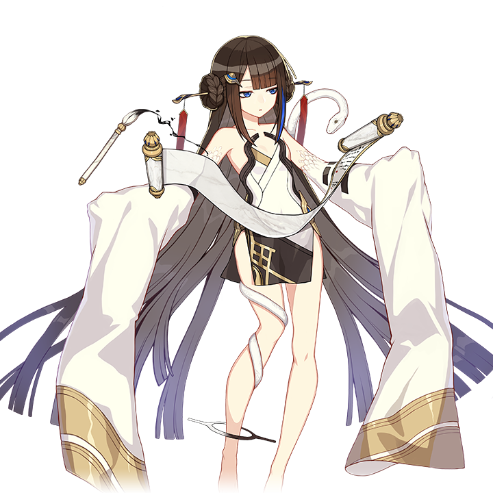 1girl, bare_legs, bare_shoulders, barefoot, black_hair, blue_eyes, calligraphy_brush, chinese_clothes