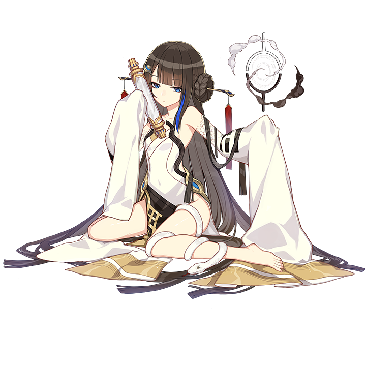 1girl, bare_legs, bare_shoulders, barefoot, black_hair, blue_eyes, chinese_clothes, detached_sleeves