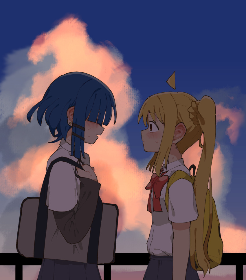 2girls, ahoge, backpack, bag, black_skirt, blonde_hair, blue_hair, blue_sky