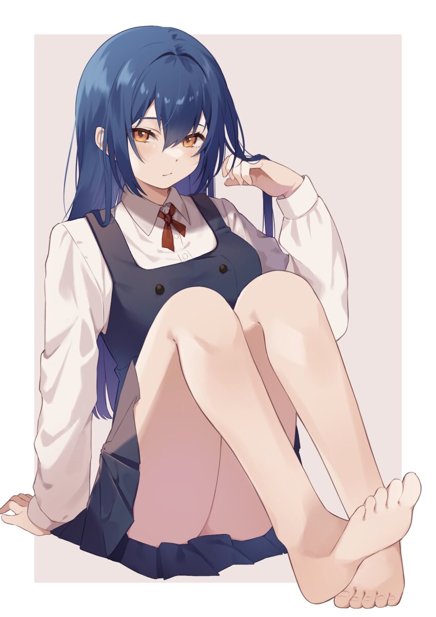 1girl, bad_feet, bare_legs, barefoot, blue_dress, blue_hair, border, breasts, brown_eyes, buttons, collared_shirt, commission, double-breasted, dress, eyelashes, grey_background, hair_between_eyes, hand_up, highres, knees_up, kohinata_kuon, legs, long_hair, long_sleeves, neck_ribbon, nono_chitose, original, outside_border, pleated_dress, red_ribbon, ribbon, school_uniform, second-party_source, shirt, short_dress, simple_background, small_breasts, solo, thighs, toenails, toes, white_border