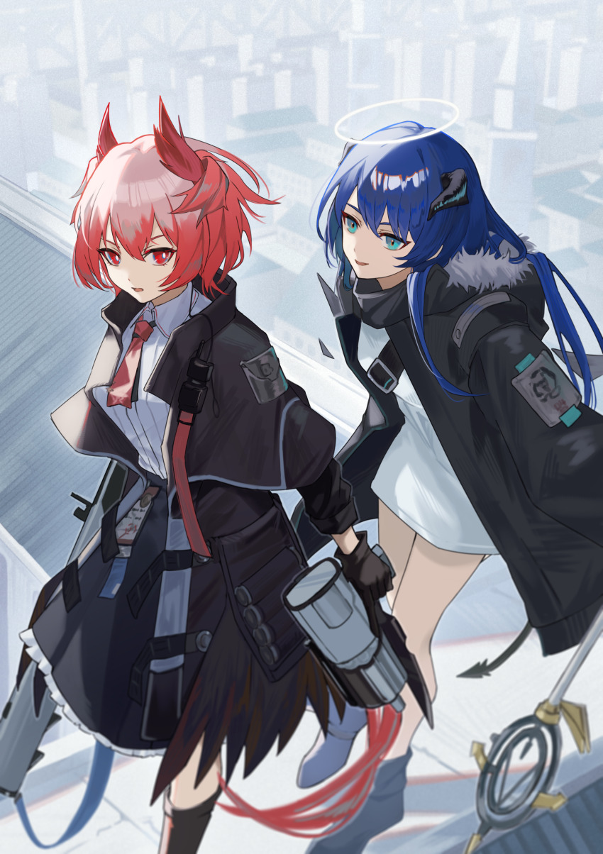 2girls, absurdres, arknights, black_capelet, black_footwear, black_gloves, black_jacket, black_skirt