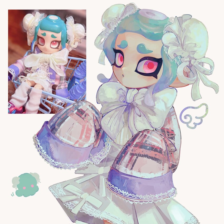 1girl, absurdres, blue_hair, blush, bun_cover, double_bun, dress, hair_bun, hair_pulled_back, highres, long_sleeves, looking_at_viewer, nintendo, octoling, octoling_girl, octoling_player_character, octopus_girl, photo_inset, pink_eyes, ribbon, short_hair, simple_background, sleeves_past_wrists, splatoon_(series), tentacle_hair, white_background, white_dress, white_ribbon, zicbx