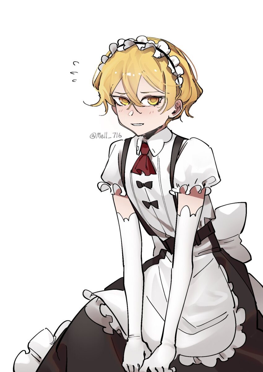 1boy, alternate_costume, apron, blonde_hair, bow, crossdressing, crossdressing_(mtf), dress