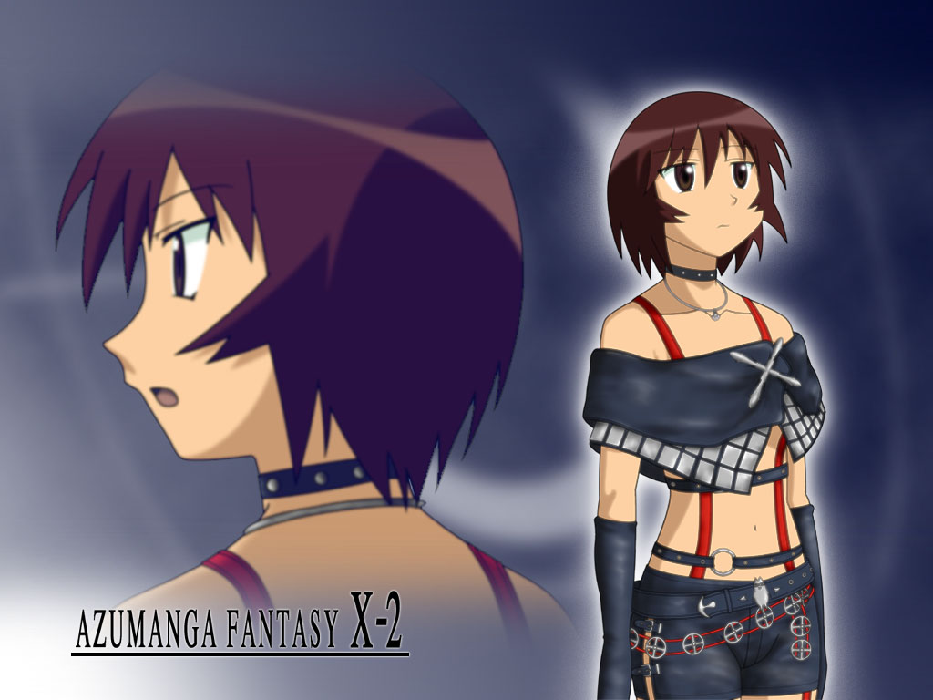 1girl, azufan, azumanga_daiou, belt, black_shorts, brown_eyes, brown_hair, choker, cosplay, fantasy, female_focus, final_fantasy, final_fantasy_x, final_fantasy_x-2, jewelry, kagura, kagura_(azumanga_daioh), necklace, niinii, paine, paine_(cosplay), paine_(ff10), paine_(ff10)_(cosplay), paine_(final_fantasy)_(cosplay), parody, short_hair, shorts, solo, trait_connection, zoom_layer