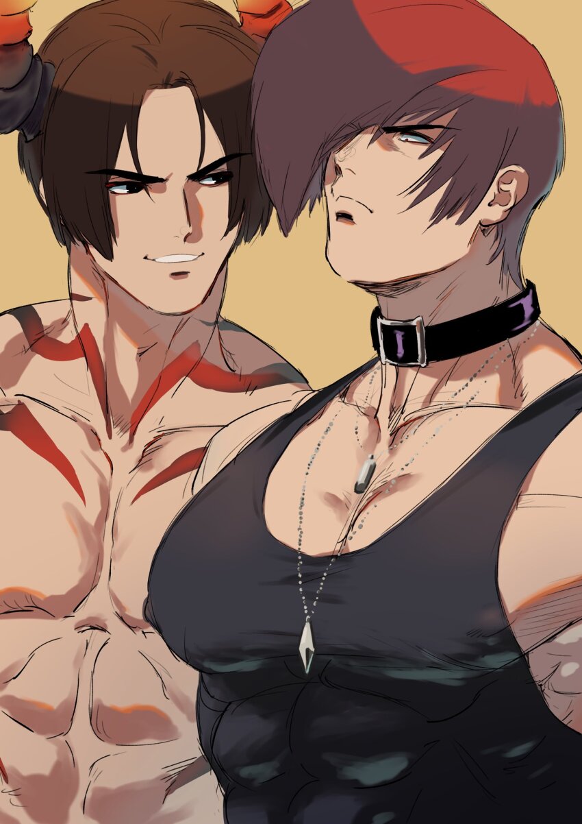 2boys, abs, alternate_costume, beniazumaru, black_choker, black_shirt, brown_eyes, brown_hair