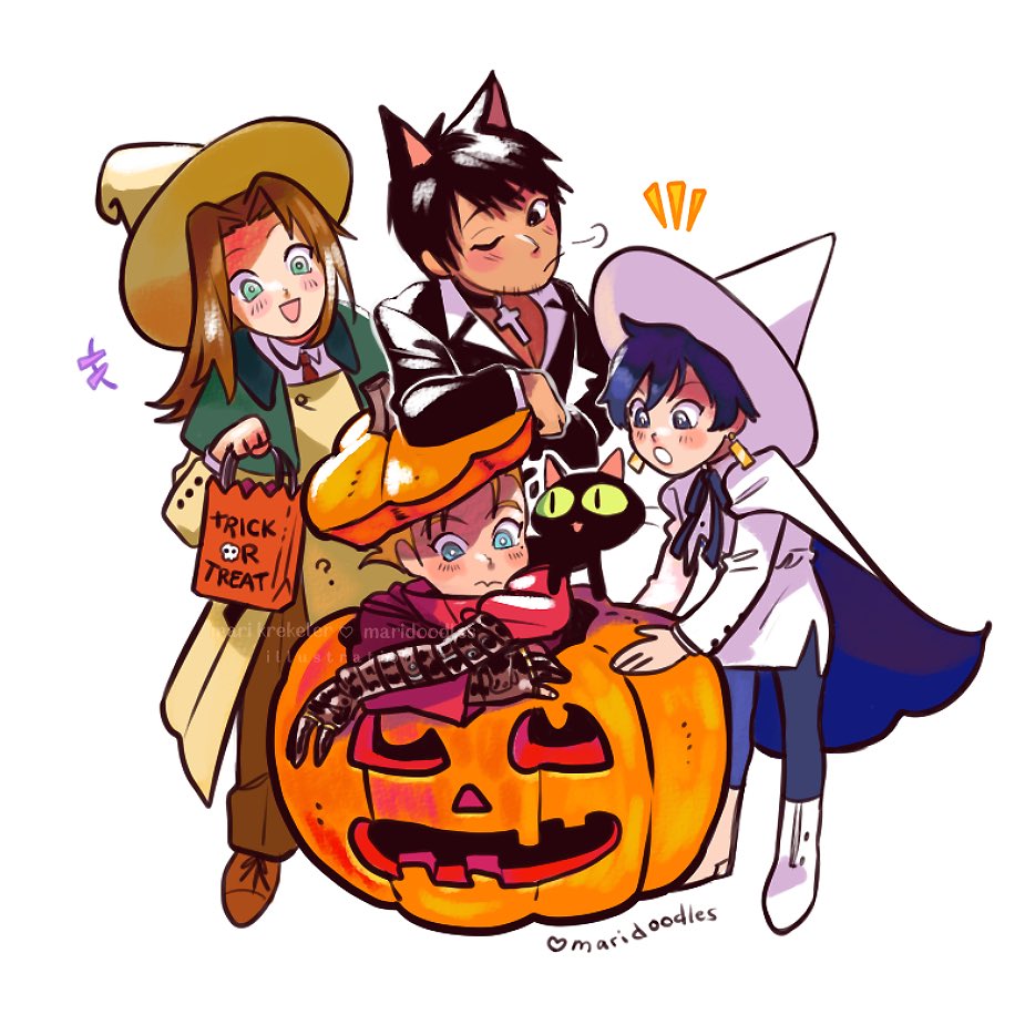 2boys, 2girls, animal_ears, artist_name, black_gloves, black_hair, cape, cat_ears