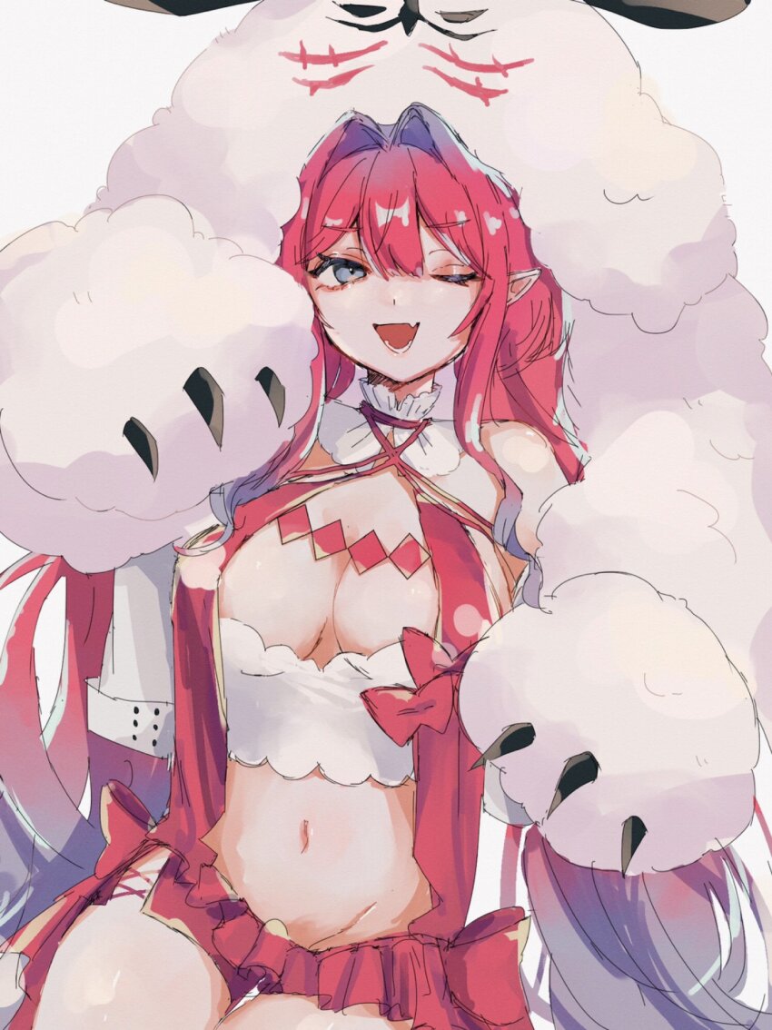 1girl, baobhan_sith_(fate), baobhan_sith_(swimsuit_pretender)_(first_ascension)_(fate), breasts, cernunnos_(fate), character_hood, cleavage, detached_collar, fang, fate/grand_order, fate_(series), grey_eyes, highres, jacket, kijibato0519, long_hair, medium_breasts, microskirt, midriff, one_eye_closed, open_mouth, pointy_ears, red_hair, sidelocks, skirt, smile, solo, white_background, white_jacket