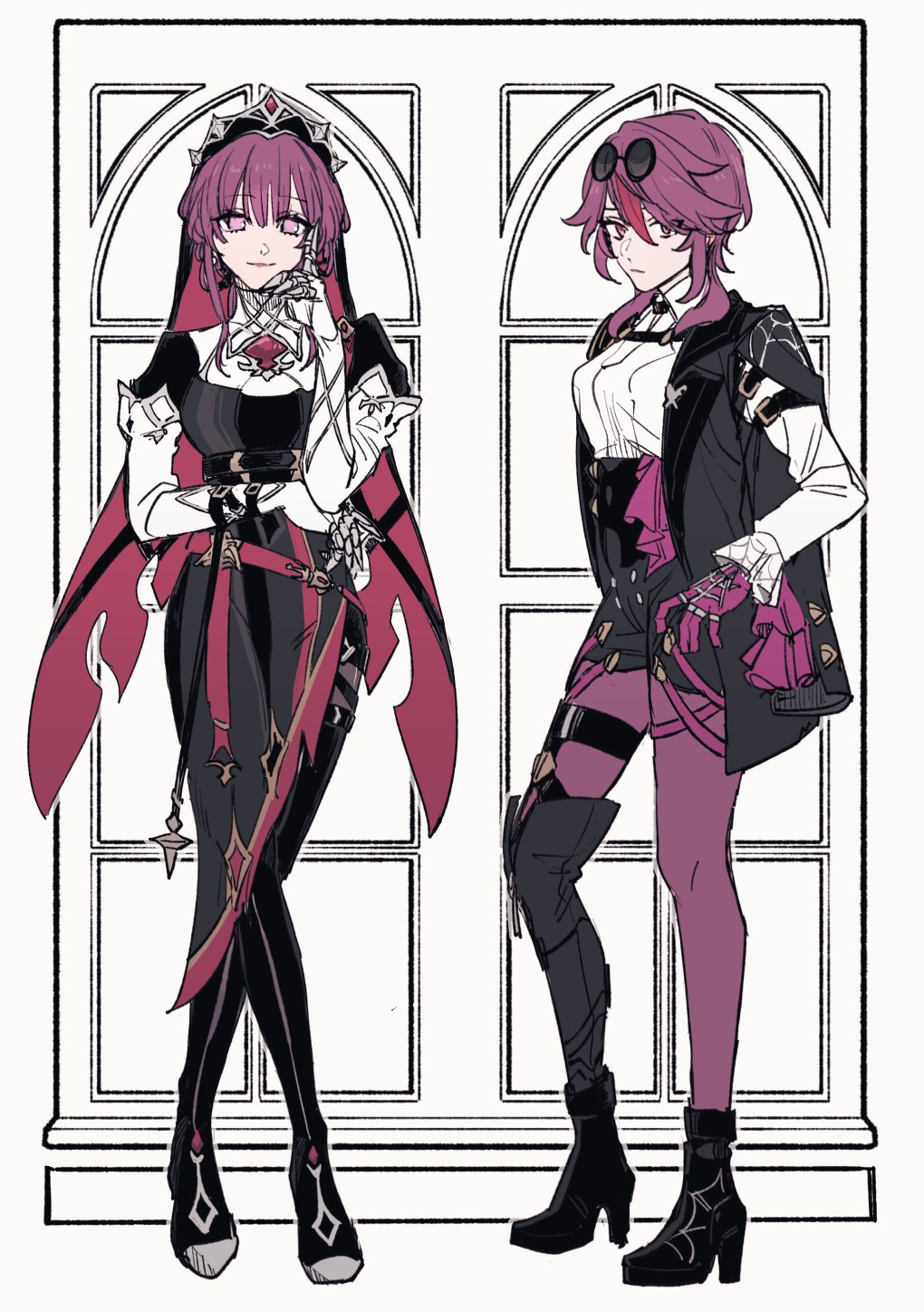 black_hood, black_shorts, boar, bone_necklace, boots, butterfly_ornament, cathedral, chest_harness, church, claw_ring, coif, cosplay, costume_switch, dress, eyewear_on_head, genshin_impact, glasses, gloves, habit, harness, high-waist_shorts, highres, honkai:_star_rail, honkai_(series), kafka_(honkai:_star_rail), multicolored_headwear, nendo_(n), nun, nun_headdress, pantyhose, pantyhose_under_shorts, pince-nez, purple-tinted_eyewear, purple_eyes, purple_gloves, purple_hair, purple_pantyhose, rectangular_mouth, rosaria_(genshin_impact), rosaria_(to_the_church's_free_spirit)_(genshin_impact), round_eyewear, shorts, single_thigh_boot, spider_web_print, sunglasses, thigh_boots, thread, tinted_eyewear, two-tone_dress, veil