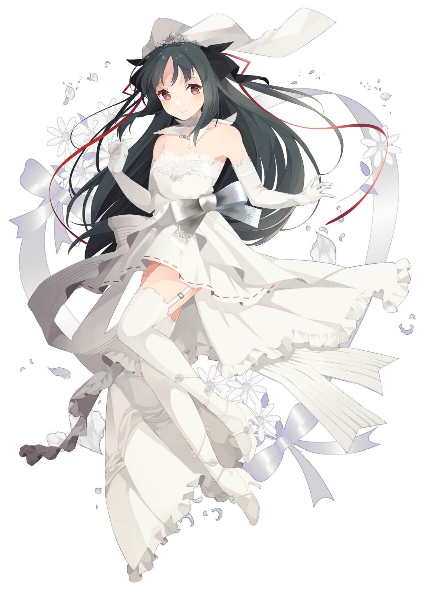 1girl, black_hair, black_ribbon, blush, breasts, bridal_veil, brown_eyes, commentary_request