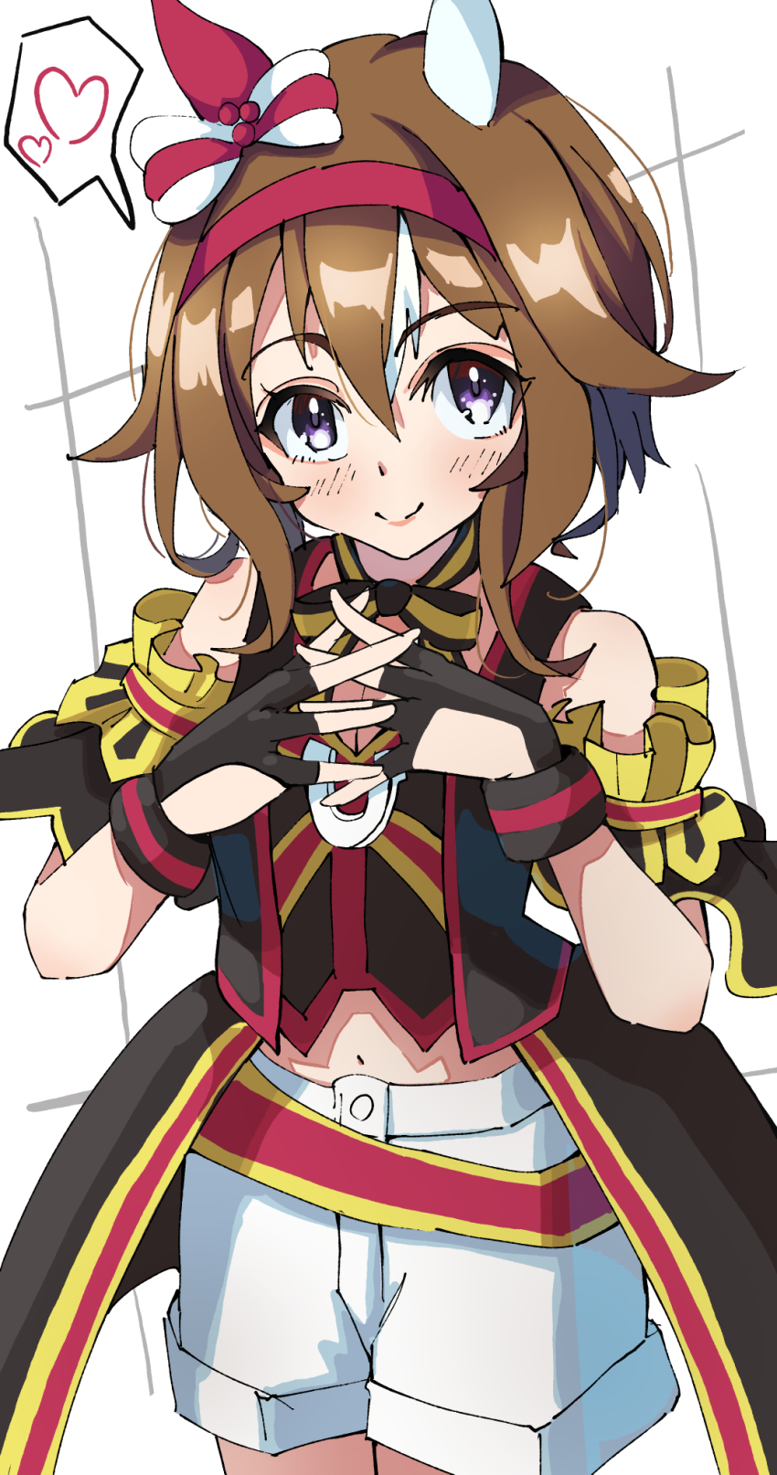 1girl, breasts, brown_hair, cleavage, fingerless_gloves, genjitsu_steel_(umamusume), gloves, hair_between_eyes