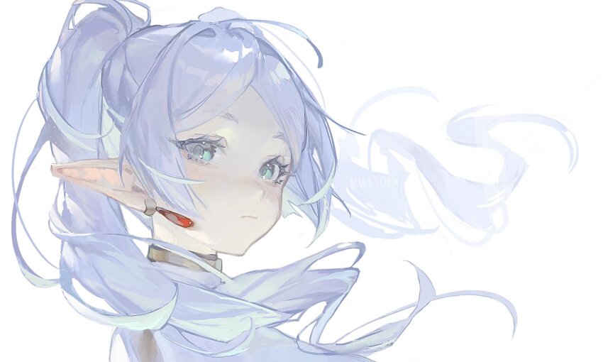 1girl, closed_mouth, commentary, eyelashes, frieren, green_eyes, grey_hair, highres